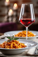 Naklejka premium Elegant italian pasta dinner with fine wine