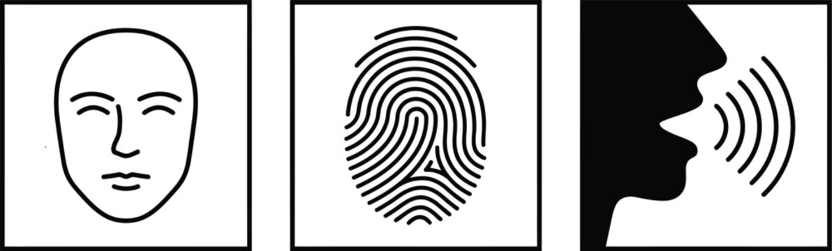 Identity verification icons face fingerprint and voice recognition silhouette set isolated on transparent background