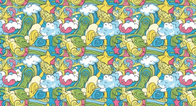 A colorful seamless pattern featuring hand-drawn whimsical doodles of stars, clouds, and swirls in a vibrant repeating childlike design, flowers, pen, creative