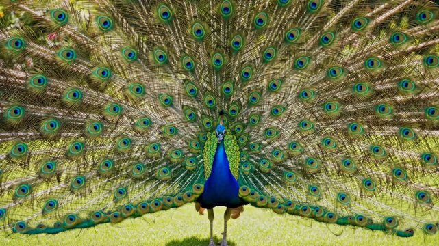 Male Peacock Spreading Colorful Tail Feathers on Green Grass in Sunny Garden