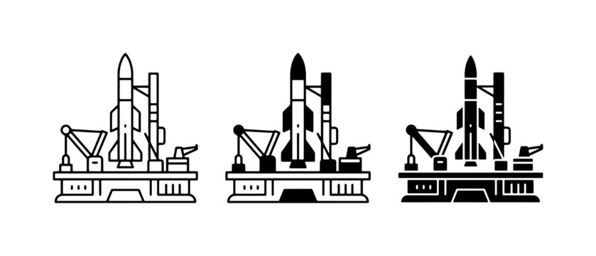 Rocket Launch Pad Icons, Space Exploration Vector Set, Spacecraft Launch Site Graphics
