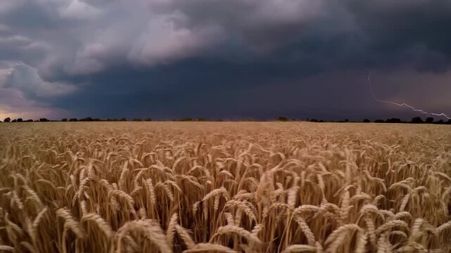 Lightning Striking Over Golden Wheat Field with Dark Thunderstorm Clouds and Strong Wind