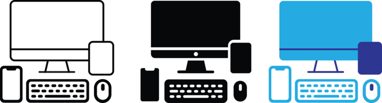 Responsive web design multi device icon set with desktop monitor laptop tablet smartphone keyboard and mouse vector illustration