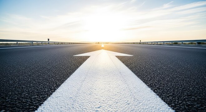 A low perspective shot of a bright white arrow painted on dark asphalt road surface pointing forward toward a clear and bright horizon, drive, success, highway