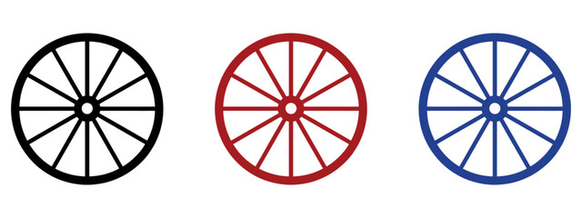 Set of three colorful wagon wheel icons in black red and blue isolated on white background. © akram