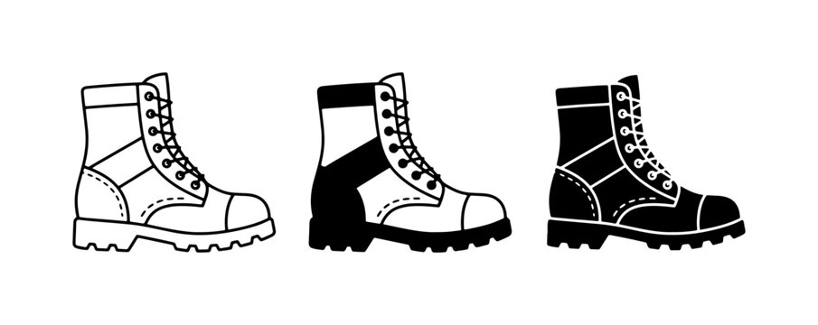 Combat Boots Set, Military Footwear Icons, Rugged Leather Shoe Vector Graphics