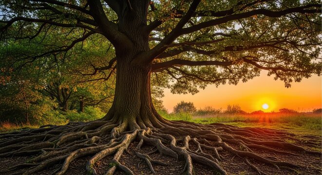 A majestic oak tree stands tall with a massive network of intricate roots spread across the forest floor in a stunning sunset light display, forest, shadows, leaves