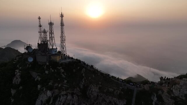 Cinematic Sunrise Above China Mountains &ndash; Satellite Tower and Golden Morning Light