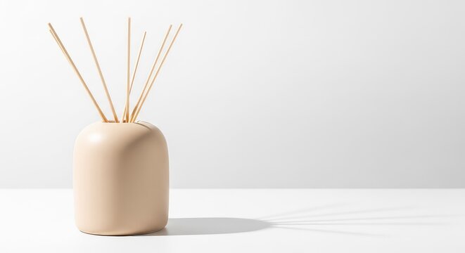 A minimalist beige ceramic oil diffuser sits on a clean surface with light wooden reed sticks, creating a peaceful spa-like home atmosphere, wooden, essential, wellness