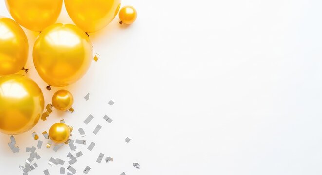 A minimalist festive background featuring golden balloons and silver confetti on a bright white surface with ample copy space for text, banner, greeting, space