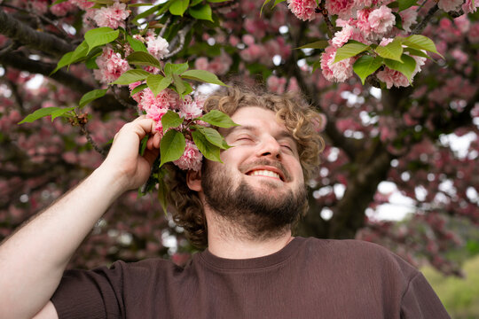 Smiling nature lover smelling pink spring blossoms