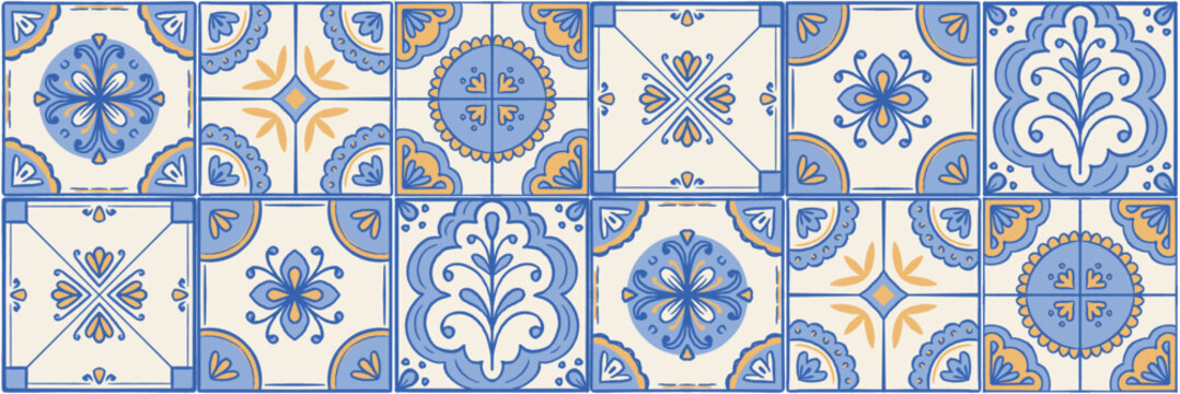 Hand Drawn Vintage Mediterranean Tile Pattern Collection. Blue and yellow ceramic azulejo mosaic set for home decor, wallpaper and textile design