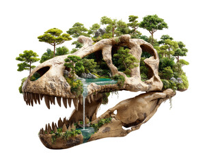 Fototapeta premium Dinosaur Skull Diorama: A detailed diorama within a dinosaur skull showcases a lush miniature forest, complete with cascading waterfalls and tiny trees.