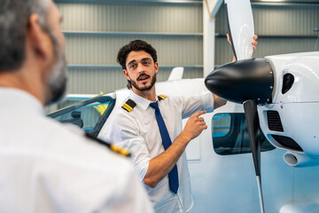 Pilot explaining airplane propeller during pre flight inspection © unai