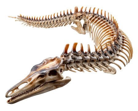 Mosasaur Skeleton on White: A meticulously preserved mosasaur fossil skeleton, showcasing its ancient reptilian form with sharp teeth and a long, serpentine body, isolated on a clean white background.