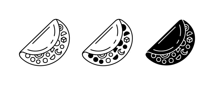 Hand-drawn empanada icons, outline and solid fill, savory pastry vector set