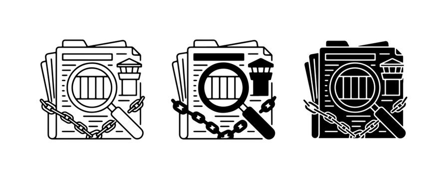 Justice System Icons: Legal Investigation, Courtroom Documents, Prison Bars, Magnifying Glass, Chains