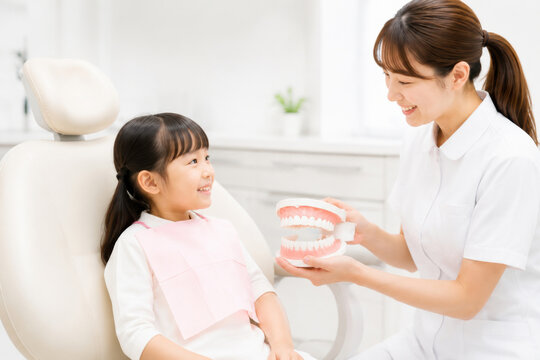 小児歯科や予防歯科の説明に使える歯科衛生士と子どもの診療イメージ
