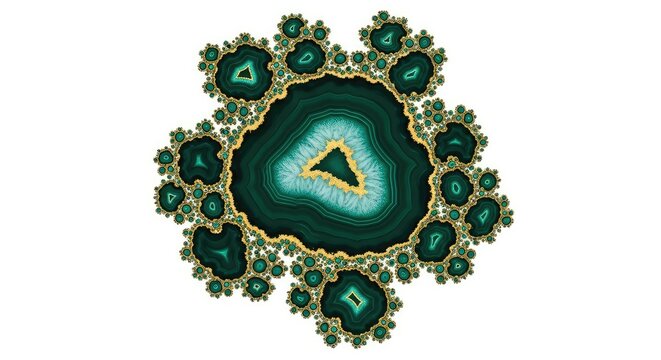 Intricate green agate stone textures swirl with shimmering gold leaf accents in a sophisticated fractal pattern for a luxury background, organic, design, fluid