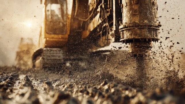 Heavy-duty drilling equipment breaking through muddy terrain with flying earth particles during a construction site operation in soft lighting conditions