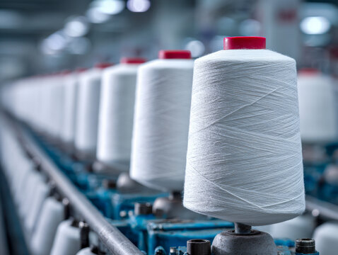 Large white thread spools aligned in industrial textile manufacturing facility with blurred background and focused view on the nearest spool