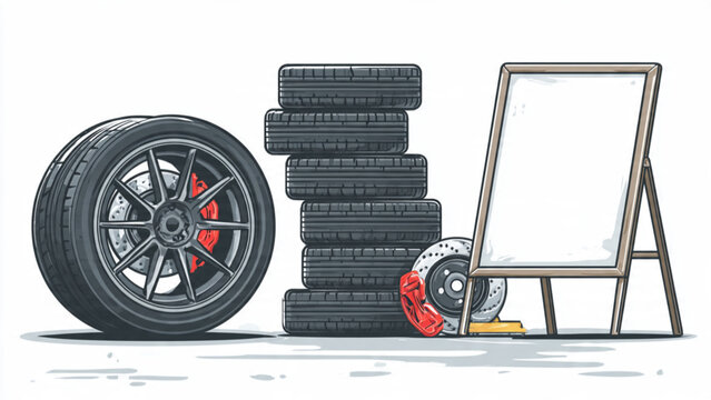 Car Wheel Tire and Rim with Garage Tools.