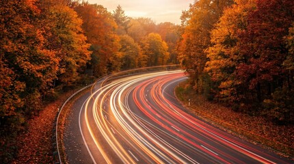 Fototapeta premium Autumn highway at sunset with car light trails