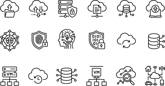Set of cloud computing and network security line icons for data management and digital infrastructure technology