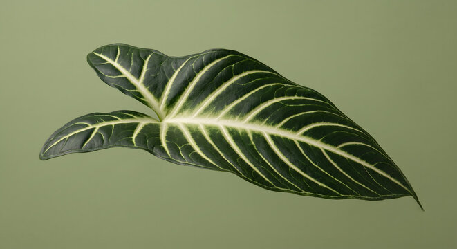 Single striking Alocasia Poly leaf with white vein pattern on a minimalist olive green background
