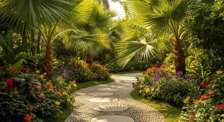Fototapeta premium Lush tropical garden featuring various palm trees with large green fronds, exotic flowers, and a peaceful stone path under golden sunlight, sunlight, serenity, dense