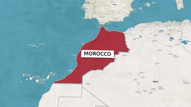 Borders of the state of Morocco on the map. Country Morocco on the map is highlighted by a polygonal border. Map animation. From above zooming in with panoramic view