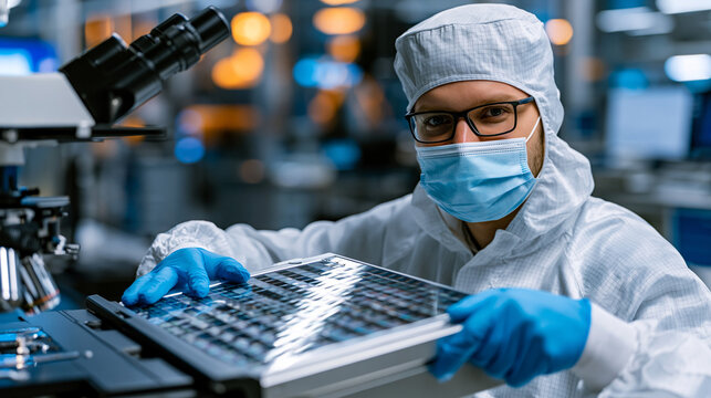 Semiconductor fabrication technician in full cleanroom bunny suit guiding a silicon wafer cassette into a photolithography machine inside a chip manufacturing plant, microelectronics production and 