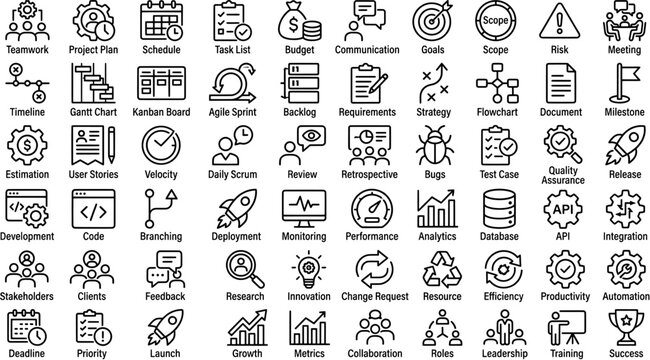 Set of project management and software development line icons including agile scrum methodology and business process symbols.
