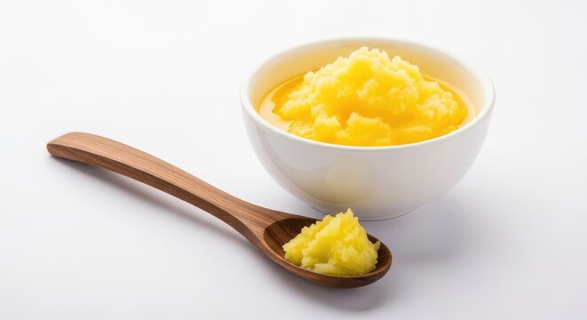 Pure golden homemade desi ghee sits in a simple white ceramic bowl with a rustic wooden spoon, isolated on a clean white background, fresh, melting, nutrition, culinary