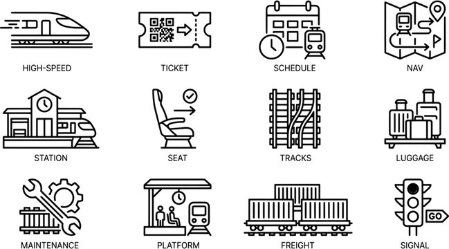 Set of railway and train transport icons including high speed travel, ticketing, scheduling and station logistics in thin line style