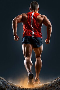 Muscular runner sprints across rugged terrain