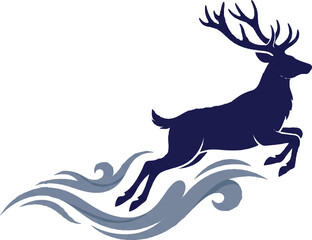 Obraz premium Dynamic silhouette illustration of a majestic stag with impressive antlers leaping gracefully over stylized flowing waves, representing power, agility, and natural beauty