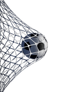 3d rendering soccer ball hitting goal net