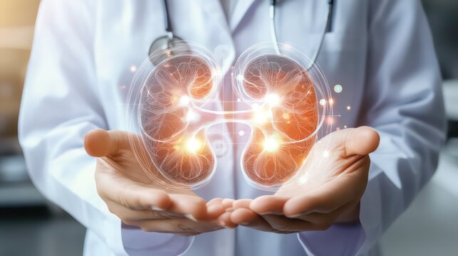 Doctor holding a glowing 3D model of human kidneys.