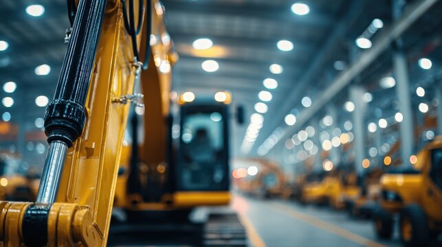 Industrial warehouse filled with multiple yellow construction vehicles and heavy machinery lined up under bright overhead lights for manufacturing and maintenance pu