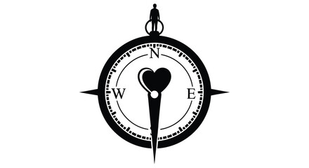 A black compass with a heart shaped needle pointing towards love © Imdadul_Studio