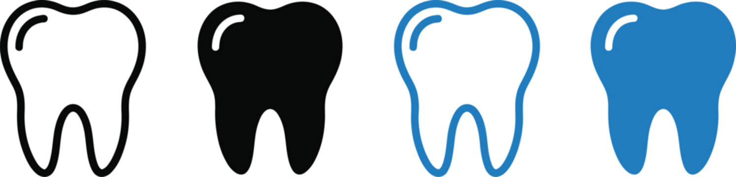 Tooth icons set line art silhouette and filled versions isolated on transparent background