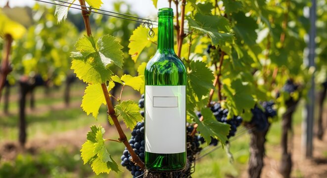 Uma garrafa de vidro verde elegante com um r&oacute;tulo branco minimalista est&aacute; posicionada entre as videiras sob a luz suave do sol no vinhedo, season, winery, botanical