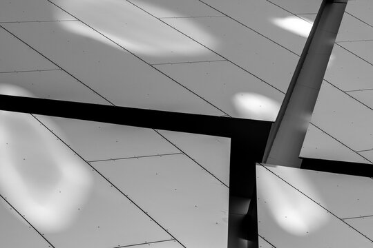 Black and white abstract architecture frames ceiling panels with diagonal shadow, where light and geometry turn a modern interior into a graphic detail