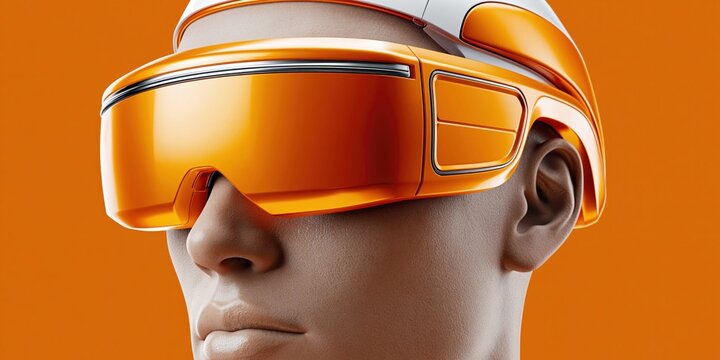 Futuristic AI robot wearing orange VR headset against a vibrant orange background
