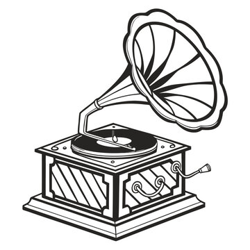 Black and white illustration of an old-fashioned gramophone with line art, sound system