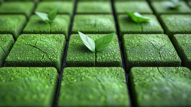 Green textured square blocks with sprouting leaves, concept of growth, sustainability, and nature