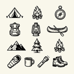 Fototapeta premium Camping icons set with tent, fire, compass and hiking gear