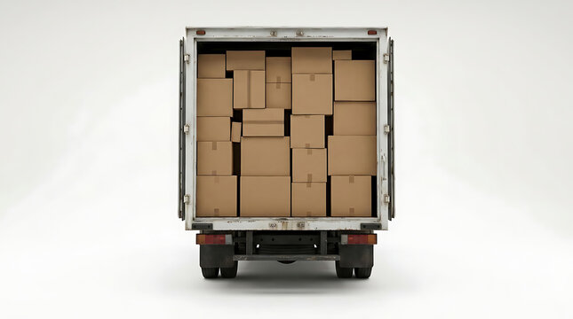 Rear view of a delivery truck fully loaded with cardboard boxes, ready for transport