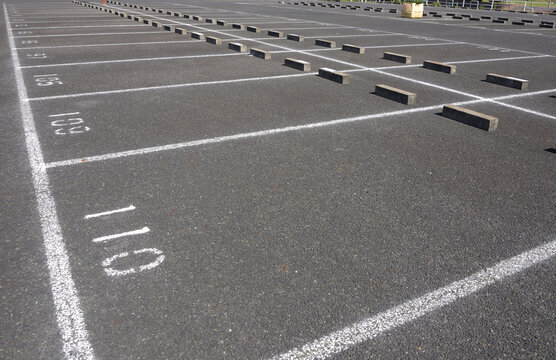 Ooutdoor parking lot with numbered spaces and white lines.（駐車場）1